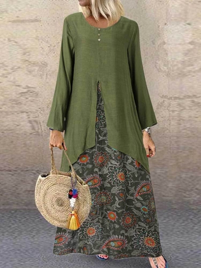 Vintage Print Patchwork Pocket Long Sleeve Plus Size Maxi Dress YOUYOUFASHIONEC.com