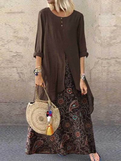 Vintage Print Patchwork Pocket Long Sleeve Plus Size Maxi Dress YOUYOUFASHIONEC.com