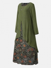 Vintage Print Patchwork Pocket Long Sleeve Plus Size Maxi Dress