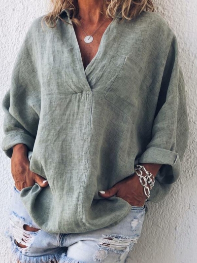 Plus Size Casual V Neck Long Sleeve Blouse