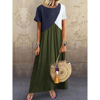 Casual Plus Size Stitching Color Maxi Dress YOUYOUFASHIONEC.com