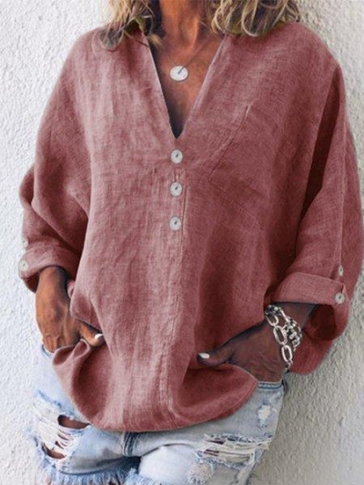 Buttoned V Neck Cotton-Blend Blouse YOUYOUFASHIONEC.com