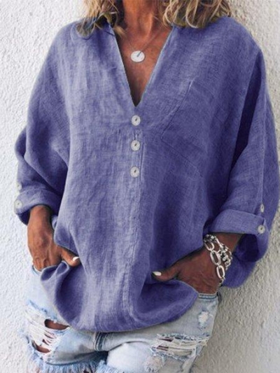 Buttoned V Neck Cotton-Blend Blouse YOUYOUFASHIONEC.com