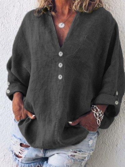 Buttoned V Neck Cotton-Blend Blouse YOUYOUFASHIONEC.com