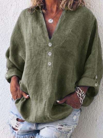 Buttoned V Neck Cotton-Blend Blouse YOUYOUFASHIONEC.com