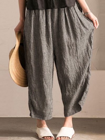 Plus Size Pockets Shift Checkered/Plaid Casual Pants YOUYOUFASHIONEC.com