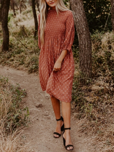 Pure 3/4 Sleeve Pleated Print Dress