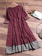 Printed Layered Long Sleeve Vintage Dress