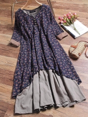 Printed Layered Long Sleeve Vintage Dress