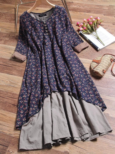 Printed Layered Long Sleeve Vintage Dress YOUYOUFASHIONEC.com