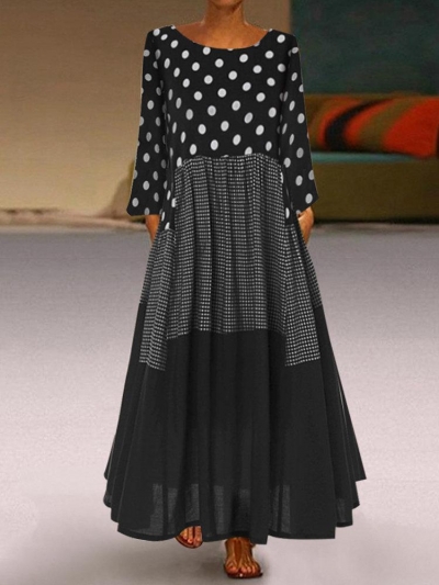 Casual Polka Dots Patch Plaid Long Sleeve Dress YOUYOUFASHIONEC.com