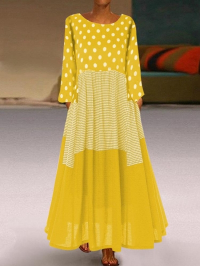 Casual Polka Dots Patch Plaid Long Sleeve Dress STYLESIMO.com