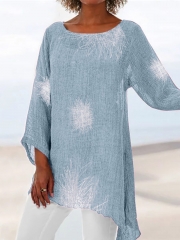 Printed Long Sleeve Casual  Crew Neck Printed Linen Blouse