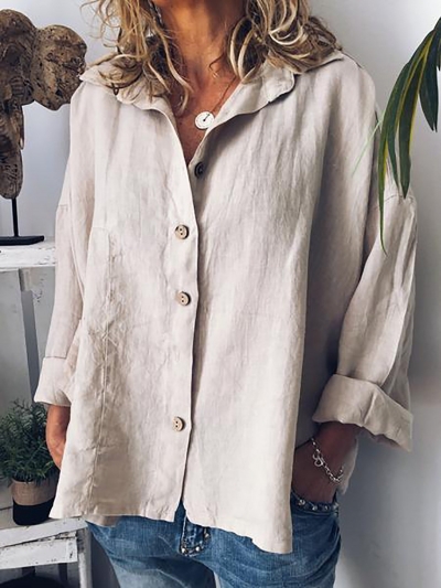 Beige Shirt Collar Cotton Solid Casual Blouses