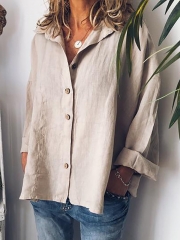 Beige Shirt Collar Cotton Solid Casual Blouses