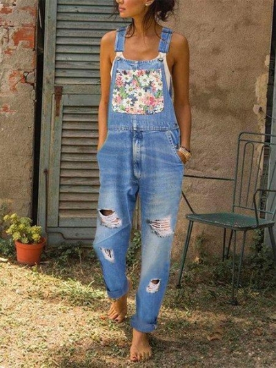 Flora Casual Denim Shredded Jumpsuit LZDINTECOMMERCE.com