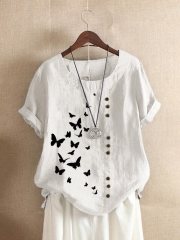 Butterflies Print Button Short Sleeve Casual T-shirt For Women