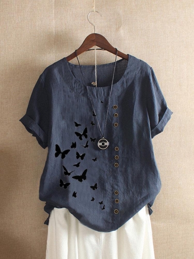 Butterflies Print Button Short Sleeve Casual T-shirt For Women YOUYOUFASHIONEC.com