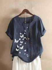 Butterflies Print Button Short Sleeve Casual T-shirt For Women