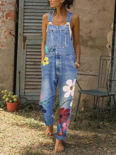 Sleeveless Denim Floral Floral-Print One-Pieces