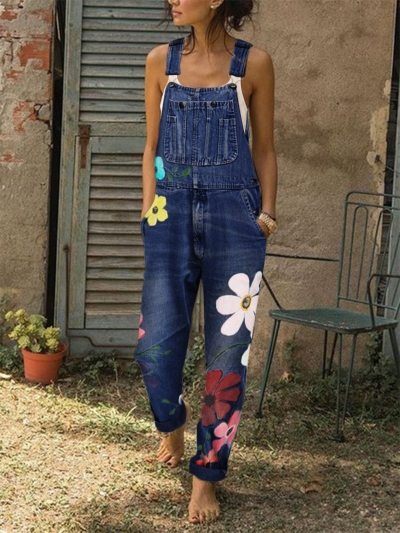 Sleeveless Denim Floral Floral-Print One-Pieces LEXELFASHIONINTSHOPS.com