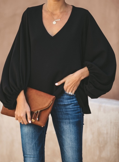 LONG BALLOON SLEEVE BLOUSE - BLACK YOUYOUFASHIONEC.com