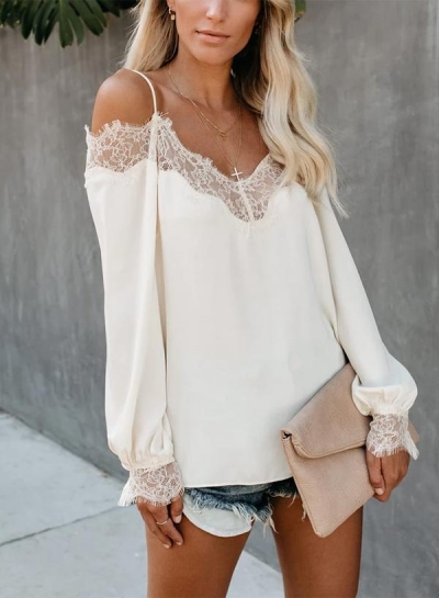 LACE COLD SHOULDER BLOUSE - WHITE