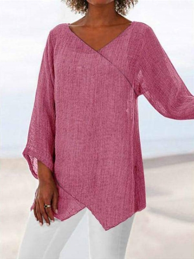 Cotton Blend Casual Slit Long Sleeve Blouse YOUYOUFASHIONEC.com