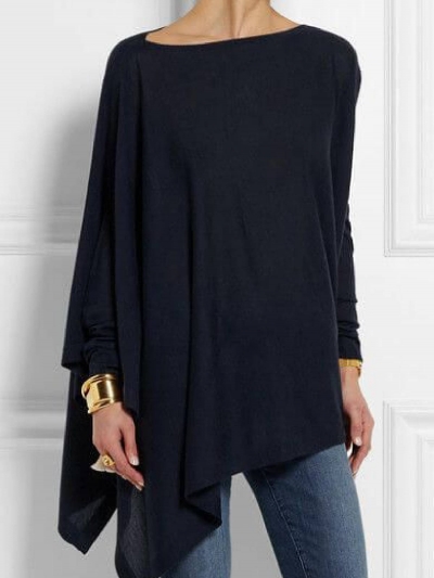 Navy Blue Round Neck Long Sleeve Cotton-Blend Shirts & Tops LZDINTECOMMERCE.com