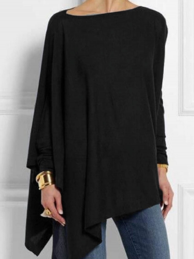 Navy Blue Round Neck Long Sleeve Cotton-Blend Shirts & Tops YOUYOUFASHIONEC.com