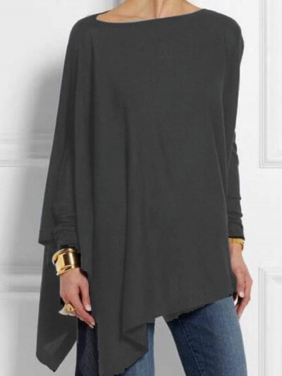 Navy Blue Round Neck Long Sleeve Cotton-Blend Shirts & Tops YOUYOUFASHIONEC.com