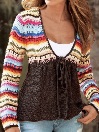 V Neck Tribal Knitted Long Sleeve Sweater