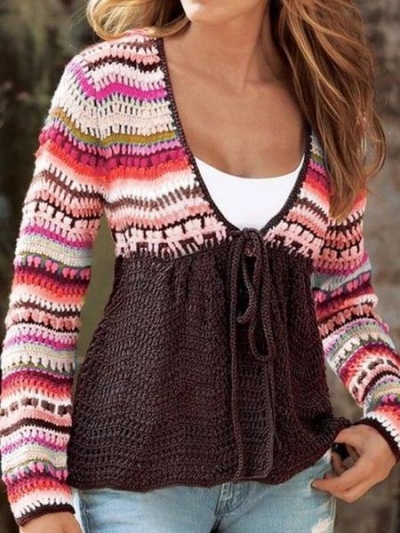 V Neck Tribal Knitted Long Sleeve Sweater YOUYOUFASHIONEC.com