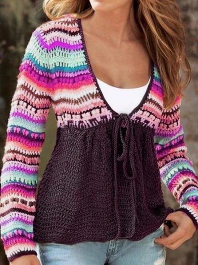 V Neck Tribal Knitted Long Sleeve Sweater YOUYOUFASHIONEC.com