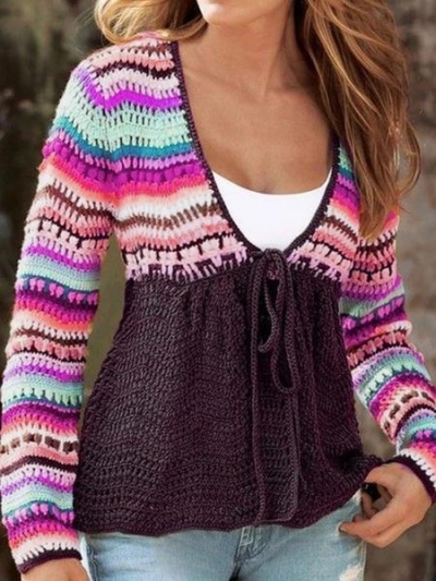 V Neck Tribal Knitted Long Sleeve Sweater STYLESIMO.com