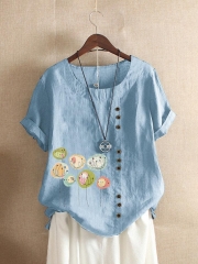 Button Cartoon Floral Print Short Sleeve Casual T-shirt