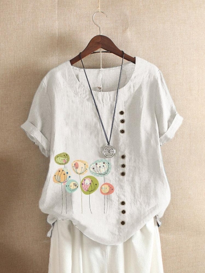 Button Cartoon Floral Print Short Sleeve Casual T-shirt YOUYOUFASHIONEC.com