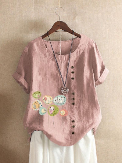 Button Cartoon Floral Print Short Sleeve Casual T-shirt LZDINTECOMMERCE.com