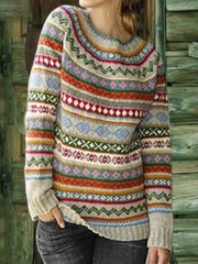 Color-Block Crew Neck Long Sleeve Geometric Sweater