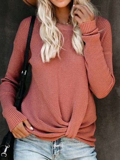 Knot Front Long Sleeves Solid Casual Tops YOUYOUFASHIONEC.com