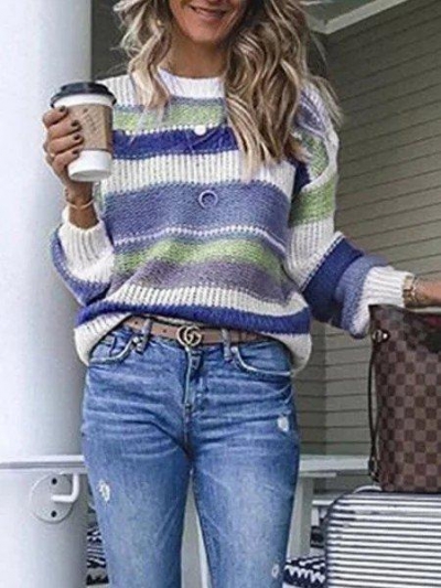 Multicolor Striped Plus Size Long Sleeve Statement Sweater STYLESIMO.com