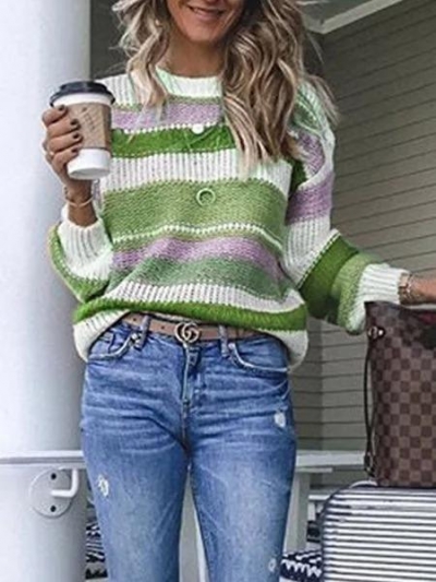 Multicolor Striped Plus Size Long Sleeve Statement Sweater YOUYOUFASHIONEC.com