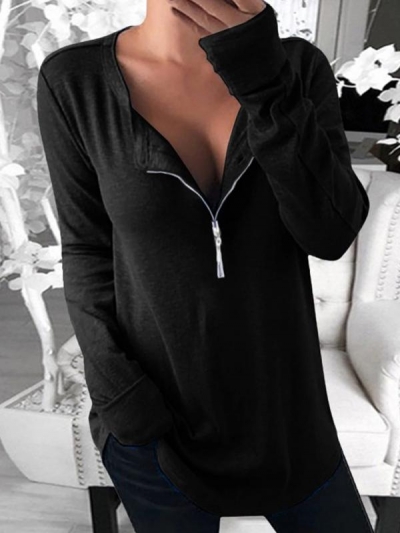 Casual Plain V-neck Long Sleeve Zipper Shirt STYLESIMO.com