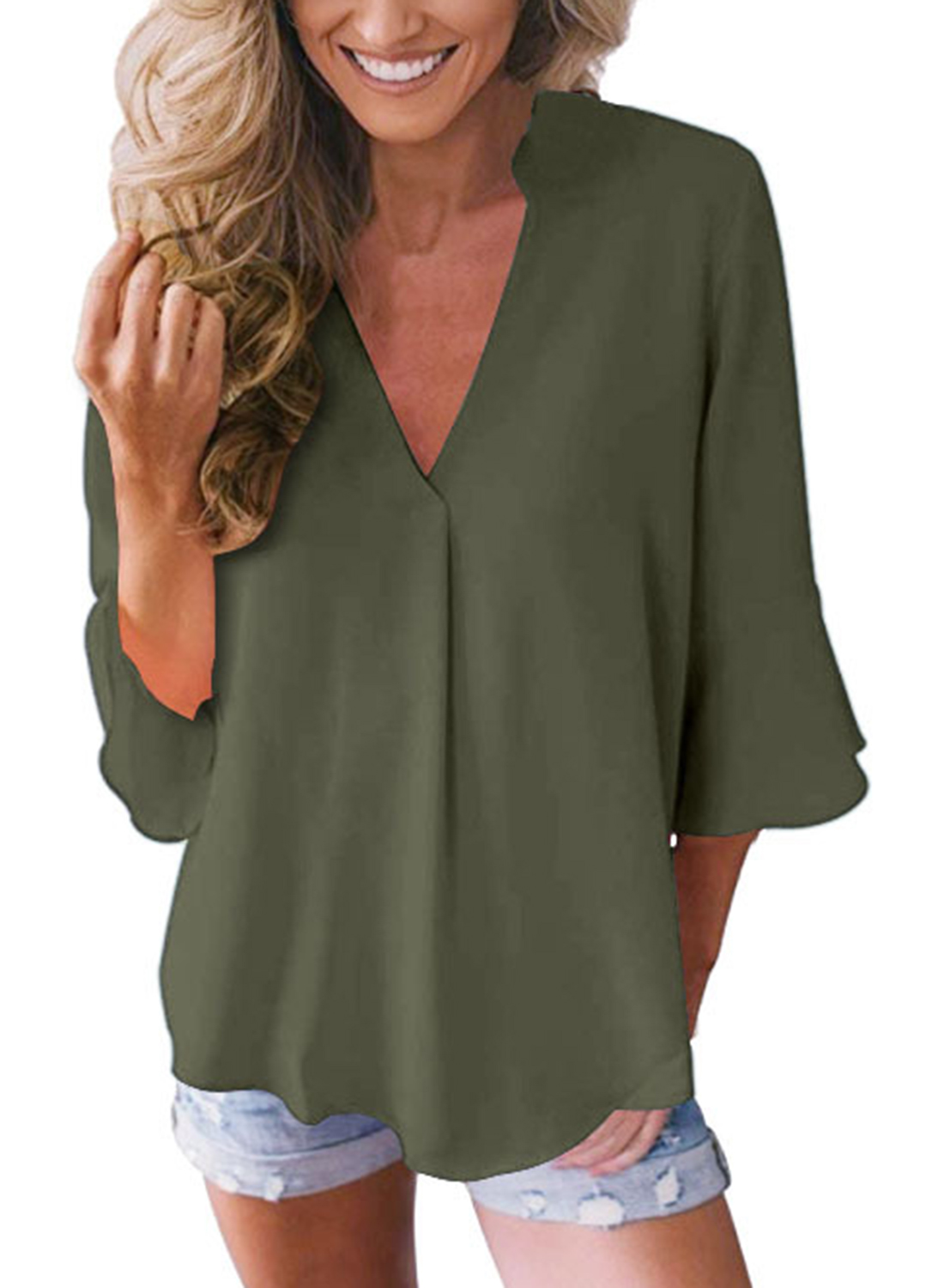 Casual Peplum Sleeve V Neck Loose Solid Color Blouse - STYLESIMO.com