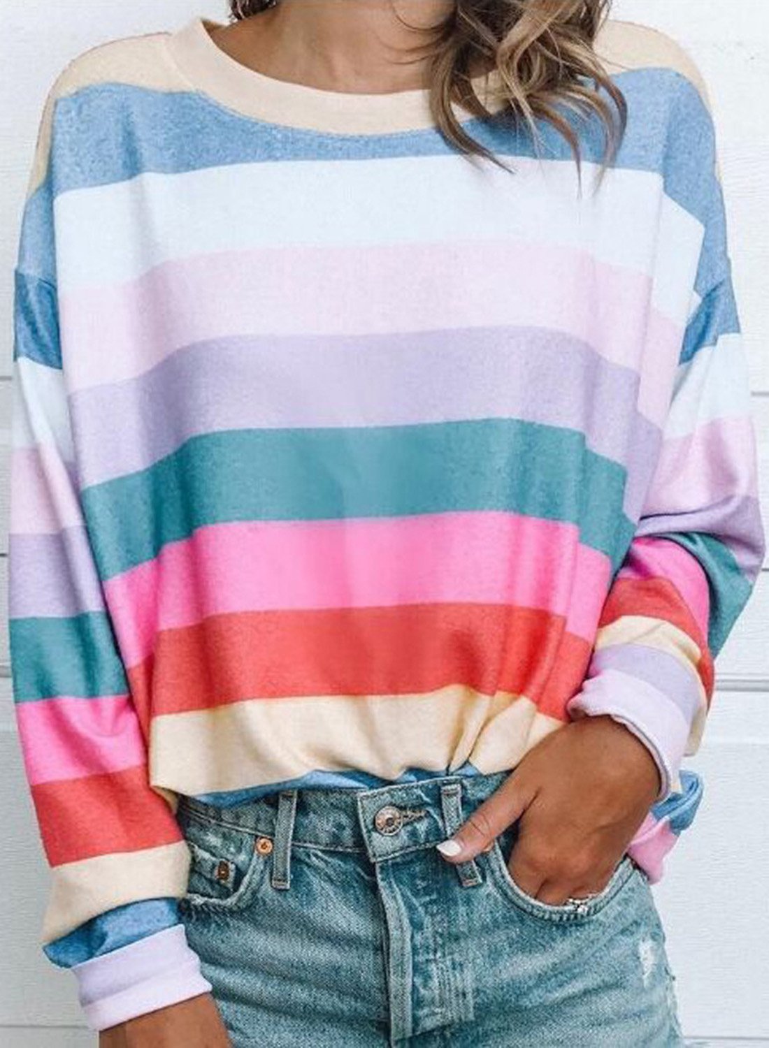 Fashion Rainbow Colourful Striped Casual Tops T-Shirt - STYLESIMO.com